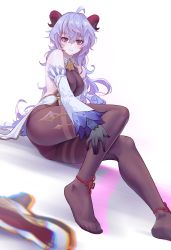 Rule 34 | 1girl, 1yen, absurdres, ahoge, bare shoulders, black gloves, blue hair, blush, bodystocking, breasts, brown pantyhose, detached sleeves, ganyu (genshin impact), genshin impact, gloves, hair between eyes, highres, horns, long hair, long sleeves, looking at viewer, medium breasts, pantyhose, purple eyes, shoes, unworn shoes, simple background, sitting, smile, solo, thighband pantyhose, thighs, very long hair, white background
