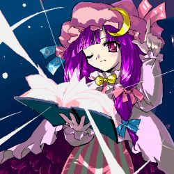 Rule 34 | 1girl, book, bow, bowtie, crescent, female focus, hair ribbon, hat, long hair, lowres, magic, oekaki, one eye closed, open book, patchouli knowledge, pointing, purple hair, red eyes, ribbon, solo, touhou, tress ribbon