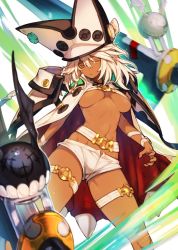 Rule 34 | 1girl, belt bra, breasts, bukurote, cape, clover, colored eyelashes, creature, dark skin, dark-skinned female, four-leaf clover, guilty gear, guilty gear xrd, hat, looking at viewer, medium breasts, navel, open mouth, orange eyes, platinum blonde hair, ramlethal valentine, short hair, short shorts, shorts, solo, sword, thigh strap, thighs, underboob, weapon