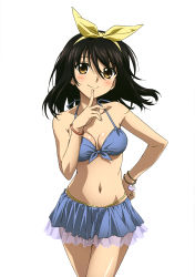 Rule 34 | 10s, 1girl, absurdres, bikini, bikini skirt, black hair, blue bikini, blue skirt, blush, bow, bracelet, breasts, brown eyes, cleavage, collarbone, cowboy shot, finger to mouth, floating hair, front-tie bikini top, front-tie top, hair between eyes, hair bow, hairband, hand on own hip, highres, himeragi yukina, index finger raised, jewelry, long hair, looking at viewer, medium breasts, miniskirt, navel, official art, pleated skirt, shiny skin, simple background, skirt, smile, solo, standing, strike the blood, swimsuit, white background, yellow bow, yellow hairband