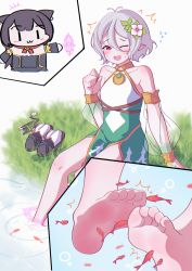 Rule 34 | 2girls, absurdres, bare shoulders, barefoot, blush, feet, fish, flower, flower on head, hair ornament, highres, karyl (princess connect!), kokkoro (princess connect!), medium hair, multiple girls, partially submerged, princess connect!, red eyes, silver hair, smile, soles, tickling, toes, underwater, water, yao (pixiv9482697)