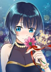 Rule 34 | 1girl, artist name, artist request, asaka karin, bare shoulders, blue bow, blue dress, blue eyes, blue hair, blue sky, blush, bow, bracelet, breasts, cleavage, cloud, collarbone, dark blue hair, dress, female focus, flower, frilled dress, frills, holding, holding flower, jewelry, looking at viewer, love live!, love live! nijigasaki high school idol club, love live! school idol festival, love live! school idol festival all stars, medium breasts, medium hair, mole, mole on body, mole on breast, nail, nail polish, necklace, night, night sky, outdoors, parted lips, pearl bracelet, pearl necklace, pink flower, plaid, plaid dress, pleated, pleated dress, short hair, sky, sleeveless, sleeveless dress, smile, solo, star (sky), tentation bleu (love live!), upper body, white nails, worried