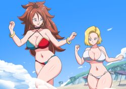 Rule 34 | 2girls, absurdres, android 21, beach, bikini, blonde hair, blue eyes, bob cut, bouncing breasts, bracelet, breasts, brown hair, choker, cleavage, cloud, curly hair, day, dragon ball, dragon ball fighterz, dragonball z, earrings, etzelin, feet out of frame, female focus, groin, hair between eyes, hands up, happy, highres, hoop earrings, jewelry, large breasts, legs, long hair, looking at another, medium hair, multiple girls, navel, open mouth, outdoors, sky, smile, standing, string bikini, swimsuit, thighs, two-tone bikini, unaligned breasts, white bikini
