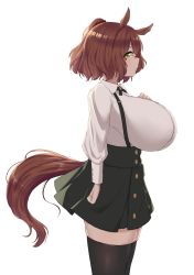 Rule 34 | 1girl, absurdres, alternate breast size, animal ears, aston machan (umamusume), black thighhighs, breasts, brown hair, closed mouth, collared shirt, ear ornament, from side, glasses, green eyes, green skirt, hair ornament, hair scrunchie, hand on own chest, heart, highres, horse ears, horse girl, horse tail, huge breasts, long sleeves, looking at viewer, looking to the side, neck ribbon, noe (ppppriver), over-rim eyewear, red-framed eyewear, red scrunchie, ribbon, scrunchie, semi-rimless eyewear, shirt, shirt tucked in, short hair, simple background, skindentation, skirt, solo, standing, suspender skirt, suspenders, tail, thighhighs, umamusume, white background, white shirt, zettai ryouiki