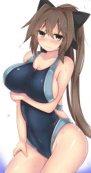 Rule 34 | 1girl, bare shoulders, blush, borrowed character, bow, breasts, brown eyes, brown hair, competition swimsuit, hair bow, highres, kanayama nao, kutan, large breasts, long hair, looking at viewer, one-piece swimsuit, original, ponytail, sideboob, simple background, solo, swimsuit, thighs, very long hair, white background