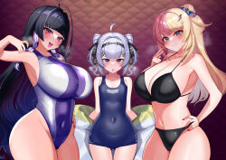 Rule 34 | 3girls, :d, absurdres, armpits, bikini, black bikini, black hair, black nails, blonde hair, blunt bangs, blush, bow, bowtie, braid, breasts, choker, cleavage, competition swimsuit, covered navel, detached collar, hair ornament, hairband, hairclip, hand on own hip, highres, jacket, karin (a62826704), kotoka torahime, large breasts, leotard, long hair, looking at viewer, meloco kyoran, multicolored hair, multiple girls, navel, nijisanji, nijisanji en, off shoulder, one-piece swimsuit, open mouth, pantyhose, pink hair, ponytail, purple eyes, purple pantyhose, red nails, school swimsuit, small breasts, smile, swimsuit, two-tone hair, variant set, very long hair, virtual youtuber, white hair, zaion lanza