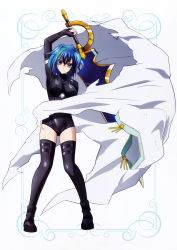 Rule 34 | 10s, 1girl, absurdres, arm strap, arm up, black footwear, black gloves, black thighhighs, blue hair, boots, breasts, cloak, unworn clothes, elbow gloves, fingerless gloves, framed, full body, gloves, green hair, hair between eyes, hair intakes, high school dxd, high school dxd new, highres, holding, holding weapon, hood, huge weapon, large breasts, leotard, light smile, looking at viewer, multicolored hair, non-web source, official art, scan, short hair, smile, solo, standing, strap, streaked hair, sword, thigh strap, thighhighs, torn clothes, turtleneck, two-tone hair, weapon, white background, xenovia quarta, yellow eyes, zettai ryouiki
