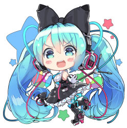 Rule 34 | &gt;:d, 1girl, :d, aqua eyes, aqua hair, aqua necktie, bare shoulders, black bow, black dress, black footwear, blush, blush stickers, boots, bow, buttons, cable, chibi, collared shirt, cube, dress, frilled dress, frills, from side, full body, gloves, hair between eyes, hair bow, hatsune miku, headphones, holding, holding microphone, large bow, long hair, looking at viewer, magical mirai (vocaloid), magical mirai miku, magical mirai miku (2016), microphone, microphone stand, namuya (dlcjfgns456), necktie, open mouth, outstretched arm, pinafore dress, platform boots, platform footwear, platform heels, pocket, ribbed shirt, round teeth, shirt, short necktie, sleeveless, sleeveless dress, sleeveless shirt, smile, solo, standing, standing on one leg, star (symbol), striped, striped bow, teeth, thigh boots, thighhighs, twintails, v-shaped eyebrows, very long hair, vocaloid, white background, white gloves, white shirt, white thighhighs