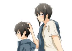 Rule 34 | 1boy, 1girl, age difference, bad id, bad pixiv id, black hair, brother and sister, hand on head, height difference, jacket, jacket on shoulders, keyceteller0702, original, shirt, short hair, siblings, t-shirt, tomboy, white background