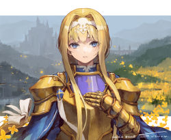 Rule 34 | 1girl, alice zuberg, armor, artist name, blonde hair, blue eyes, bow, braid, chest plate, commentary request, dated, gold armor, hair bow, hair intakes, hairband, hand on own chest, hand up, highres, light smile, long hair, looking at viewer, outdoors, shoulder plates, signature, smile, solo, suzuno (bookshelf), sword art online, sword art online: alicization, very long hair, white bow, white hairband