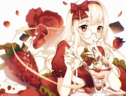 Rule 34 | 1girl, artist name, book, bow, chocolate, commission, dress, earrings, feet up, finger to mouth, fingernails, food, fruit, glasses, grey-framed eyewear, hairband, high heels, highres, holding, holding spoon, jewelry, kiyochii, legs up, long hair, looking at viewer, lying, on stomach, open book, original, pale skin, parfait, pumps, red bow, red dress, red eyes, red footwear, red hairband, red theme, round eyewear, solo, spoon, strawberry, strawberry parfait, watermark, whipped cream, white hair