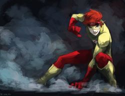 Rule 34 | 10s, 1boy, 2011, boots, dc comics, flash (series), gloves, goggles, kid flash, lightning bolt symbol, male focus, mask, orange hair, red gloves, shoes, solo, squatting, steam, wally west, yellow footwear, young justice: invasion