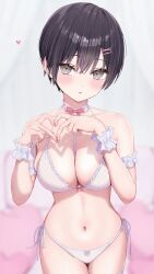 Rule 34 | 1girl, :o, absurdres, arm garter, bare shoulders, black hair, blurry, blurry background, blush, bow, bow bra, bow panties, bowtie, bra, breasts, choker, commentary request, crossed bangs, dot nose, fingernails, frilled choker, frills, grey eyes, hair between eyes, hair ornament, hairclip, hands up, heart, heart-shaped pillow, heart hands, highres, large breasts, legs together, looking at viewer, nail polish, navel, norio (noriosub), original, panties, parted lips, pillow, pink bow, pink bowtie, pink nails, shadow, short hair, side-tie panties, solo, stomach, string panties, underwear, underwear only, white bra, white choker, white panties, wrist cuffs, x hair ornament