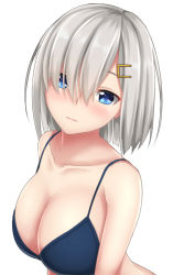 Rule 34 | 1girl, blue bra, blue eyes, blush, bra, breasts, cleavage, closed mouth, hair ornament, hair over one eye, hairclip, hamakaze (kancolle), kantai collection, large breasts, looking at viewer, short hair, silver hair, simple background, solo, tapisuke, underwear, upper body, white background