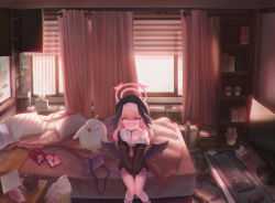 Rule 34 | 1girl, absurdres, bed, bedroom, blue archive, blush, book, collarbone, commentary request, computer, halo, head wings, highres, koharu (blue archive), korean commentary, laptop, looking at viewer, manga (object), medium hair, peroro (blue archive), pink eyes, pink hair, school uniform, sex toy, sweatdrop, tissue, used tissue, window, wings, wnsgur6686
