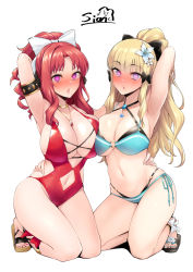 Rule 34 | 2girls, akino (princess connect!), arm behind head, arm up, armlet, armpits, bare shoulders, bikini, black bikini, black bow, blonde hair, blue eyes, blush, bow, breasts, brooch, cleavage, clothing cutout, collarbone, elf, flower, green bikini, hair bow, hair flower, hair ornament, heart, heart-shaped pupils, highleg, highleg swimsuit, highres, jewelry, kneeling, large breasts, layered bikini, long hair, looking at viewer, multiple girls, navel, navel cutout, neck ring, necklace, one-piece swimsuit, open mouth, parted bangs, pointy ears, ponytail, princess connect!, purple eyes, red hair, red one-piece swimsuit, sandals, saren (princess connect!), sian, sidelocks, swimsuit, symbol-shaped pupils, two-tone bikini, white bow