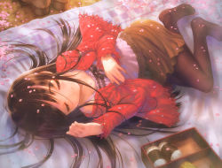 Rule 34 | 1girl, absurdres, bento, black hair, black pantyhose, blanket, camisole, cardigan, cherry blossoms, closed eyes, feet, food, goto p, hanami, highres, lace, long hair, long sleeves, lying, no shoes, original, outdoors, pantyhose, petals, shoes, unworn shoes, skirt, sleeping, smile, solo