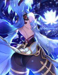 Rule 34 | 1girl, ahoge, ass, backless dress, backless outfit, bare shoulders, blue hair, bodysuit, breasts, detached sleeves, dress, from behind, ganyu (genshin impact), genshin impact, gloves, glowing, highres, horns, large breasts, leotard, long hair, matsumoto tomoyohi, pantyhose, shiny clothes, shiny skin, sideboob, solo, very long hair, waist cape