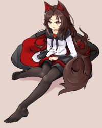 Rule 34 | 1girl, animal ears, black pantyhose, brooch, brown hair, dress, feet, highres, imaizumi kagerou, jewelry, long hair, long sleeves, looking at viewer, nama shirasu, no shoes, pantyhose, red eyes, simple background, sitting, smile, solo, tail, touhou, wavy hair, wolf ears, wolf tail