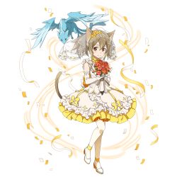Rule 34 | 1girl, animal ears, bouquet, bridal veil, brown hair, cat ears, cat tail, dress, elbow gloves, flower, full body, gloves, hair between eyes, highres, holding, holding bouquet, long hair, looking at viewer, pantyhose, pina (sao), red eyes, red flower, ribbon, short dress, silica, silica (sao-alo), sleeveless, sleeveless dress, smile, solo, standing, sword art online, tail, transparent background, veil, wedding dress, white dress, white gloves, white pantyhose, yellow ribbon