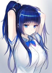 Rule 34 | 1girl, absurdres, aoi ch., arms up, blue eyes, blue hair, blunt bangs, breasts, closed mouth, fuji aoi, hanasaki mahiru, hands in hair, highres, large breasts, lips, long hair, mole, mole under eye, ponytail, shirt, short sleeves, simple background, sketch, solo, upper body, virtual youtuber, white shirt