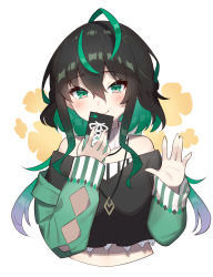 Rule 34 | 1girl, aotake iro, bare shoulders, black hair, black shirt, blush, cellphone, closed mouth, commentary request, crop top, cropped torso, green eyes, hands up, highres, holding, holding phone, jewelry, long sleeves, looking at viewer, medium hair, multicolored hair, nail polish, navel, necklace, nijisanji, nijisanji kr, phone, pink nails, shin yuya, shirt, sidelocks, smartphone, smile, solo, streaked hair, tareme, upper body, virtual youtuber, white background