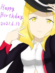 Rule 34 | 1girl, artist name, artist request, black cardigan, black jacket, blonde hair, blush, bow, bowtie, braid, breasts, brown eyes, cardigan, collared shirt, crown braid, female focus, green eyes, guilty kiss (love live!), hair over shoulder, hair rings, hat, highres, holding, holding clothes, holding hat, jacket, looking at viewer, love live!, love live! school idol festival, love live! sunshine!!, medium breasts, ohara mari, parted lips, red bow, shirt, short hair, smile, solo, sparkle print, upper body, v, white background, white shirt, yellow eyes