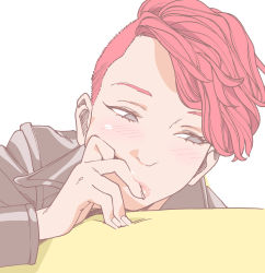 Rule 34 | 1girl, black jacket, commentary request, couch, eyebrows hidden by hair, fingers to mouth, jacket, kishi torajirou, leather, leather jacket, original, red hair, shadow, short hair, solo, tomboy