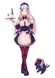 Rule 34 | 1girl, alcohol, alternate costume, apron, black bow, black footwear, blunt bangs, blush, bottle, bow, bowtie, breasts, brown pantyhose, character name, choker, cleavage, closed mouth, collarbone, corset, crossed legs, cup, detached sleeves, drinking glass, facepaint, frilled choker, frilled skirt, frills, full body, girls&#039; frontline, gloves, green eyes, hair ornament, hand up, highres, hk416 (girls&#039; frontline), holding, holding tray, large breasts, long hair, looking at viewer, maid, maid apron, maid headdress, name tag, pantyhose, ranyu, shoes, silver hair, simple background, skirt, solo, teardrop, tray, tsurime, watson cross, white background, wine bottle, wine glass