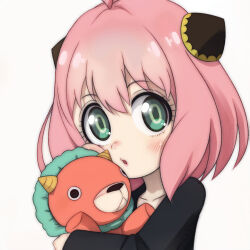 Rule 34 | 1girl, :o, anya (spy x family), black dress, chimera, director chimera (spy x family), dress, green eyes, hairpods, highres, holding, holding stuffed toy, light blush, looking at viewer, medium hair, open mouth, pink hair, solo, spy x family, stuffed animal, stuffed toy, t jiroo (ringofriend)
