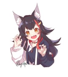Rule 34 | 1girl, :3, :d, animal ear fluff, animal ears, black hair, claw pose, hair ornament, hairclip, highres, hololive, hood, hoodie, long hair, looking at viewer, multicolored hair, ookami mio, ookami mio (casual), open mouth, orange eyes, red hair, signature, simple background, smile, solo, streaked hair, upper body, virtual youtuber, vyolfers, white background, wolf ears