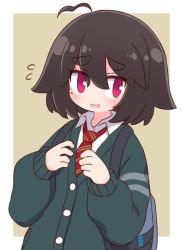 Rule 34 | 1girl, ahoge, backpack, bag, black hair, brown background, cardigan, collared shirt, commentary request, diagonal-striped clothes, diagonal-striped necktie, flying sweatdrops, green cardigan, hair between eyes, hands up, highres, long sleeves, looking at viewer, naga u, naga u-chan, necktie, original, parted lips, puffy long sleeves, puffy sleeves, red eyes, red necktie, school uniform, shirt, short eyebrows, sleeves past wrists, solo, striped clothes, thick eyebrows, two-tone background, upper body, white background, white shirt