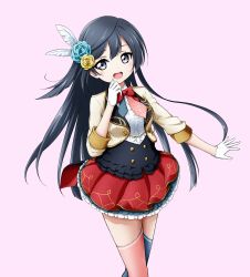 Rule 34 | 1girl, :d, afterschool school idol (love live!), asymmetrical legwear, black hair, black thighhighs, blouse, blue flower, blue rose, blush, bow, brown jacket, center frills, chase (love live!), cropped jacket, eyebrows hidden by hair, feather hair ornament, feathers, flower, frills, gloves, grey eyes, hair flower, hair ornament, half gloves, highres, jacket, kuena, long hair, long sleeves, looking at viewer, love live!, love live! nijigasaki high school idol club, love live! school idol festival, love live! school idol project, mismatched legwear, open mouth, pink background, pink thighhighs, pleated skirt, red bow, red skirt, rose, shirt, simple background, skirt, smile, solo, teeth, thighhighs, upper teeth only, very long hair, white feathers, white gloves, white shirt, yellow flower, yellow rose, yuki setsuna (love live!)