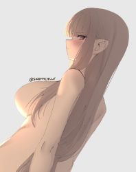 Rule 34 | 1girl, annoyed, arms behind back, breasts, brown hair, closed mouth, commentary, dated commentary, grey background, large breasts, long hair, nude, original, pink eyes, profile, simple background, skeptycally, solo, twitter username, upper body