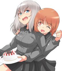 Rule 34 | &gt;:o, 10s, 2girls, :o, ;d, annoyed, black skirt, blue eyes, brown eyes, brown hair, cake, clenched hand, female focus, food, fruit, girls und panzer, grey jacket, hand on another&#039;s shoulder, happy birthday, head on another&#039;s shoulder, itsumi erika, jacket, kitayama miuki, multiple girls, nishizumi miho, one eye closed, open mouth, plate, pleated skirt, short hair, silver hair, simple background, skirt, smile, strawberry, v-shaped eyebrows, white background, wink, yuri