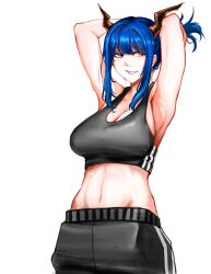 Rule 34 | 1girl, absurdres, adjusting hair, alternate costume, alternate hairstyle, arknights, armpits, arms behind head, arms up, bare shoulders, black pants, black sports bra, black tank top, blue hair, breasts, ch&#039;en (arknights), cleavage, dragon girl, dragon horns, groin, highres, horns, large breasts, looking to the side, medium bangs, messy hair, midriff, navel, pants, pocket, ponytail, presenting armpit, red eyes, smile, solo, sports bra, sportswear, stomach, striped clothes, striped pants, sweatdrop, tank top, teeth, user ftrs5455, vertical-striped clothes, vertical-striped pants, white background