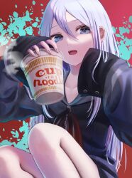 Rule 34 | 1girl, bare legs, blue eyes, collarbone, feet out of frame, food, grey hair, grey jacket, hair between eyes, highres, holding, holding food, jacket, looking at viewer, nissin cup noodle, open mouth, project sekai, red ribbon, ribbon, sakurano.neko, sidelocks, sleeves past fingers, sleeves past wrists, smile, solo, swept bangs, yoisaki kanade, zipper pull tab
