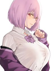 Rule 34 | 1girl, blush, bow, breasts, collared shirt, glasses, gridman universe, highres, j@ck, jacket, large breasts, light purple hair, long sleeves, looking at viewer, off-shoulder shirt, off shoulder, purple bow, purple jacket, purple neckwear, shinjou akane, shirt, short hair, simple background, smile, solo, ssss.gridman, sunglasses, tinted eyewear, white background, white shirt, yellow-tinted eyewear, yellow-tinted glasses