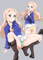 Rule 34 | 1girl, absurdres, ass, bad id, bad pixiv id, bc freedom military uniform, blonde hair, blush, boots, breasts, cameltoe, closed mouth, drill hair, girls und panzer, green eyes, green panties, grey background, highres, long hair, looking at viewer, marie (girls und panzer), microskirt, military, military uniform, multiple views, open mouth, panties, pleated skirt, shiny skin, simple background, skirt, small breasts, smile, solo, spread legs, underwear, uniform, white skirt, yasuoextuuuuuu, yellow panties