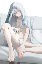 Rule 34 | 1girl, absurdres, bare legs, barefoot, breasts, closed mouth, commentary, couch, cup, drinking glass, expressionless, feet, fingernails, glass, green eyes, grey hair, hand on own foot, head tilt, highres, holding, holding cup, knee up, legs, light blush, long fingernails, long hair, looking at viewer, navel, on couch, original, panties, pero (peroneko0510), sitting, small breasts, soles, solo, spread legs, toe scrunch, toenails, toes, topless, towel, towel on head, underwear, very long hair, water, wet, wet hair, white panties