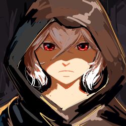Rule 34 | 1other, absurdres, androgynous, black hood, colored eyelashes, commentary, frown, hair between eyes, highres, hood, original, other focus, portrait, red eyes, ronillust, shaded face, solo, white hair