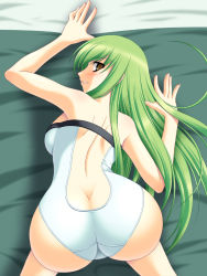 Rule 34 | 1girl, abu, all fours, ass, back, bed, bed sheet, blush, breasts, butt crack, c.c., code geass, female focus, from above, green hair, long hair, looking back, smile, solo, swimsuit, top-down bottom-up, yellow eyes