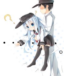 Rule 34 | 1boy, 1girl, ?, admiral (kancolle), anchor symbol, black hat, black skirt, black thighhighs, blue eyes, blue hair, blush, carrying, closed mouth, commentary request, faceless, faceless male, hair between eyes, hat, hibiki (kancolle), highres, jacket, kantai collection, kushida you, long hair, long sleeves, looking down, military, military hat, military uniform, naval uniform, neckerchief, no shoes, outstretched arms, over-kneehighs, pants, peaked cap, pleated skirt, polka dot, polka dot background, red neckerchief, school uniform, serafuku, shaded face, shirt, skirt, sleeves past wrists, thighhighs, uniform, very long hair, walking, white background, white hat, white jacket, white pants, white shirt