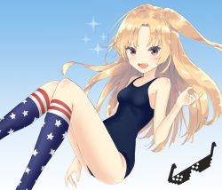 Rule 34 | 1girl, :d, absurdres, american flag legwear, azur lane, bad id, bad pixiv id, blonde hair, blush, breasts, cleveland (azur lane), coraman, deal with it (meme), fang, highres, kneehighs, knees together feet apart, long hair, looking at viewer, meme, one-piece swimsuit, one side up, open mouth, pink eyes, print socks, school swimsuit, small breasts, smile, socks, solo, sunglasses, sunglasses removed, swimsuit
