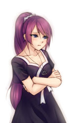 Rule 34 | 1girl, :t, bad id, bad pixiv id, blue eyes, blush, collarbone, crossed arms, heart, heart necklace, jewelry, long hair, monogatari (series), monorus, necklace, ponytail, pout, purple hair, scrunchie, senjougahara hitagi, simple background, solo, white background