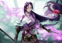 Rule 34 | 1girl, arm guards, bodysuit, bow (weapon), breasts, covered navel, fate/grand order, fate (series), fingerless gloves, gloves, holding, holding sword, holding weapon, large breasts, long hair, looking at viewer, low-tied long hair, minamoto no raikou (fate), purple bodysuit, purple eyes, purple hair, solo, sword, very long hair, weapon, yoshio (55level)