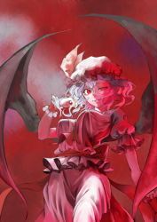 Rule 34 | 1girl, arched back, bat wings, blue hair, bow, breasts, cowboy shot, covered erect nipples, eyelashes, half-closed eye, hand in own hair, hat, hat bow, kusa (adrian1119), large wings, looking at viewer, mob cap, pink shirt, pink skirt, red eyes, red theme, remilia scarlet, shirt, short hair, short sleeves, skirt, slit pupils, smirk, solo, teeth, thighs, touhou, uneven eyes, wavy hair, wings, wrist cuffs