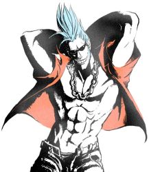 Rule 34 | 1boy, abs, arms up, chain, chain necklace, denim, franky (one piece), grin, jeans, jewelry, male focus, manly, muscular, necklace, nika (nikasa an), one piece, open clothes, open fly, open shirt, pants, pompadour, shirt, sideburns, simple background, smile, solo, sunglasses, unbuttoned, unzipped