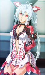Rule 34 | 1girl, ahoge, arms behind back, black bra, bra, breasts, cleavage, collarbone, cowboy shot, hair between eyes, hairband, highres, jewelry, long hair, looking at viewer, matoi (pso2), medium breasts, nandz, necklace, partially unzipped, phantasy star, phantasy star online 2, red eyes, red hairband, silver hair, smile, solo, thighhighs, twintails, underwear, very long hair