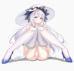 Rule 34 | 1girl, azur lane, blue eyes, blue footwear, blush, breasts, cleavage, closed mouth, elbow gloves, full body, garter straps, gloves, hair ornament, hair ribbon, hat, illustrious (azur lane), lace-trimmed headwear, lace trim, long hair, looking at viewer, mole, mole under eye, panties, ribbon, shoes, sitting, smile, solo, sun hat, thighhighs, thighs, underwear, white gloves, white hat, white panties, white thighhighs, xianz